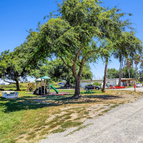 A park scene with trees, a playground area, and a gravel path under a clear blue sky.