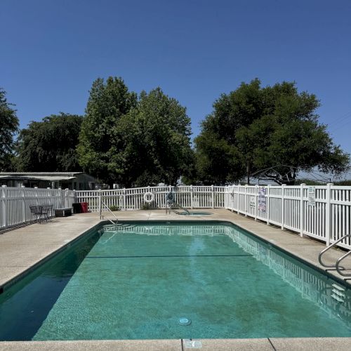 A rectangular swimming pool is surrounded by a white fence, with trees and a clear sky in the background.